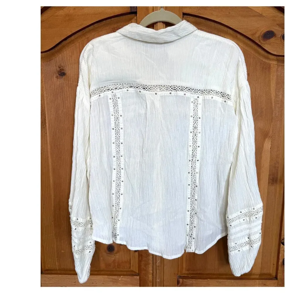 Free People Summer Stars Gauzy Ranch Western Boho Blouse Top, Ivory, Medium
